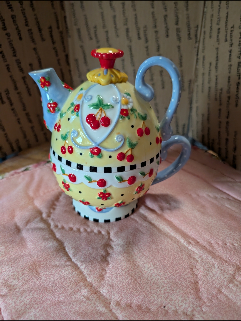 Yellow Ceramic Cherry Teapot with Blue Handle